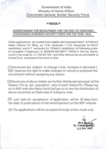 BSF Tradesman Recruitment 2024 Official Notice