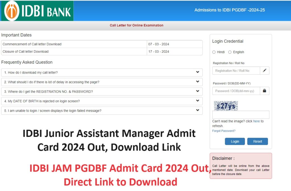 IDBI Junior Assistant Manager Admit Card 2024 Out Direct Link to Download